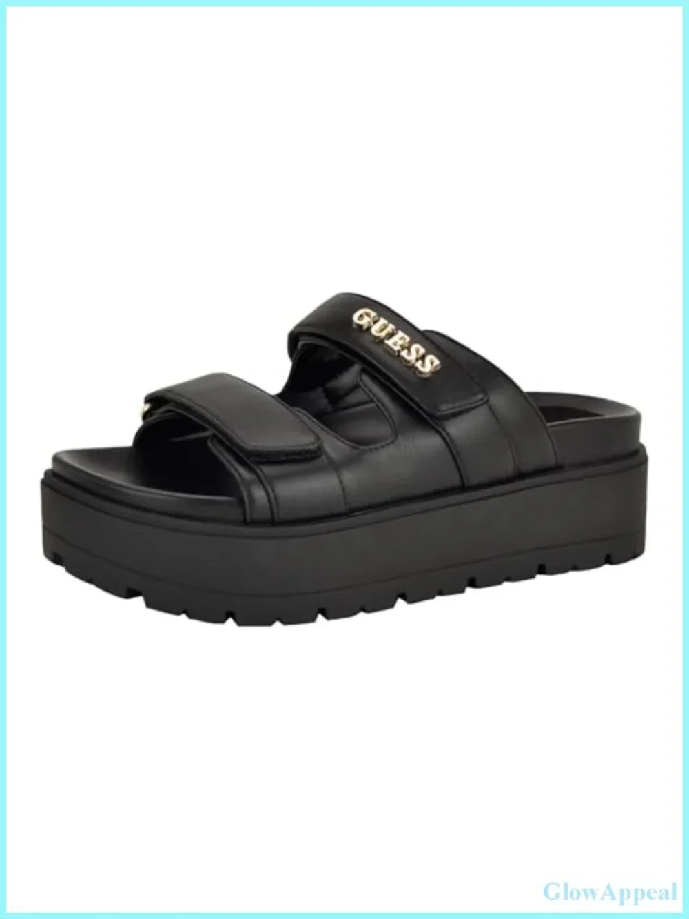 Faux Leather Slide Sandals with Dual Hook-and-Loop Straps and Cushioned Footbed